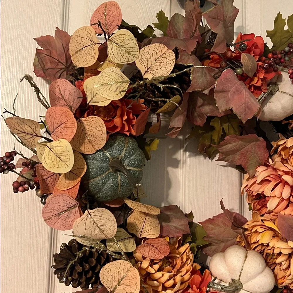 Autumn Harvest Wreath with Pumpkins and Pinecones
